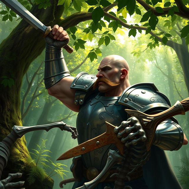 A muscular bald paladin with a short brown mustache, clad in shining armor, fiercely battling a skeleton warrior in a lush green forest