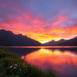 A serene landscape featuring a tranquil lake surrounded by majestic mountains, with a vibrant sunset casting warm hues of orange, pink, and purple across the sky