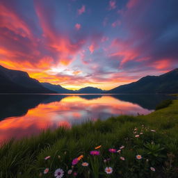 A serene landscape featuring a tranquil lake surrounded by majestic mountains, with a vibrant sunset casting warm hues of orange, pink, and purple across the sky
