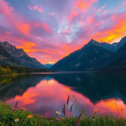 A serene landscape featuring a tranquil lake surrounded by majestic mountains, with a vibrant sunset casting warm hues of orange, pink, and purple across the sky