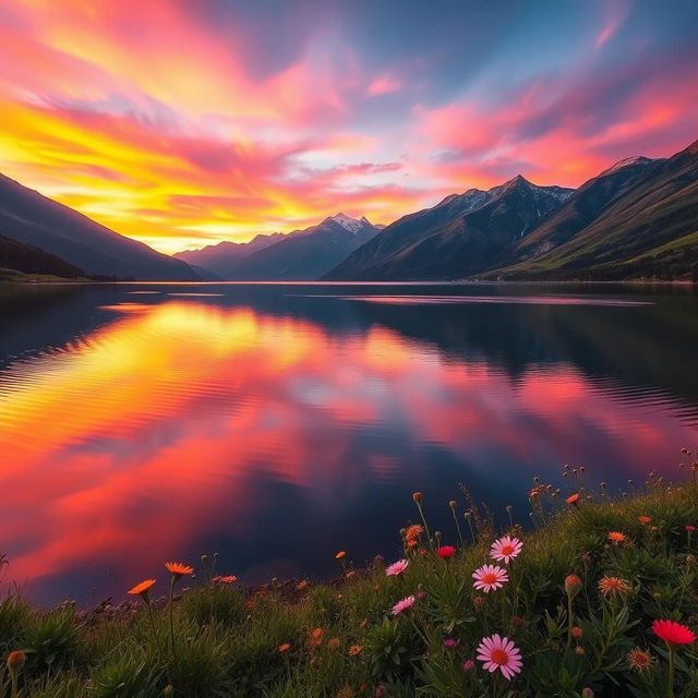 A serene landscape featuring a tranquil lake surrounded by majestic mountains, with a vibrant sunset casting warm hues of orange, pink, and purple across the sky