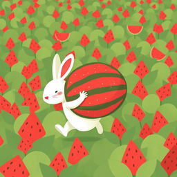 In a vibrant watermelon field, a cute white bunny is joyfully carrying an enormous watermelon