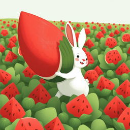 In a vibrant watermelon field, a cute white bunny is joyfully carrying an enormous watermelon