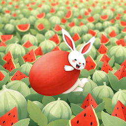 In a vibrant watermelon field, a cute white bunny is joyfully carrying an enormous watermelon