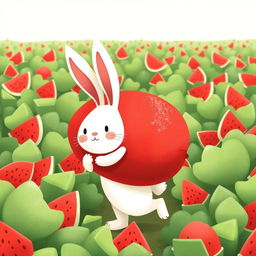 In a vibrant watermelon field, a cute white bunny is joyfully carrying an enormous watermelon