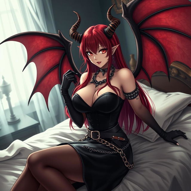 A seductive sexy demon gothic anime girl with striking demonic wings and elegantly twisted horns, featuring long, flowing red hair and a voluptuous figure with huge breasts