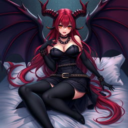 A seductive sexy demon gothic anime girl with striking demonic wings and elegantly twisted horns, featuring long, flowing red hair and a voluptuous figure with huge breasts
