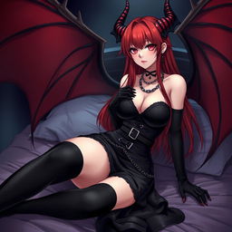 A seductive sexy demon gothic anime girl with striking demonic wings and elegantly twisted horns, featuring long, flowing red hair and a voluptuous figure with huge breasts