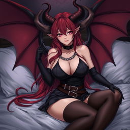 A seductive sexy demon gothic anime girl with striking demonic wings and elegantly twisted horns, featuring long, flowing red hair and a voluptuous figure with huge breasts