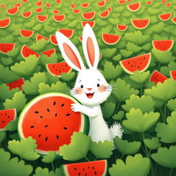 In a lush watermelon field, a cute white bunny is happily hugging a large watermelon