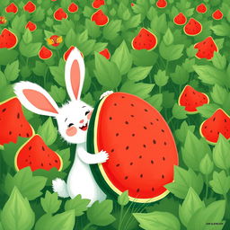 In a lush watermelon field, a cute white bunny is happily hugging a large watermelon