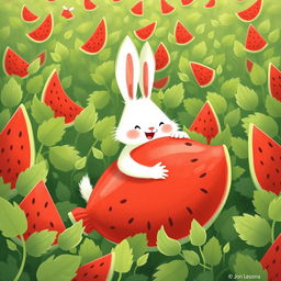 In a lush watermelon field, a cute white bunny is happily hugging a large watermelon