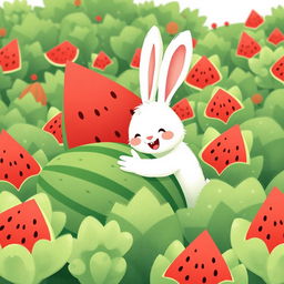 In a lush watermelon field, a cute white bunny is happily hugging a large watermelon