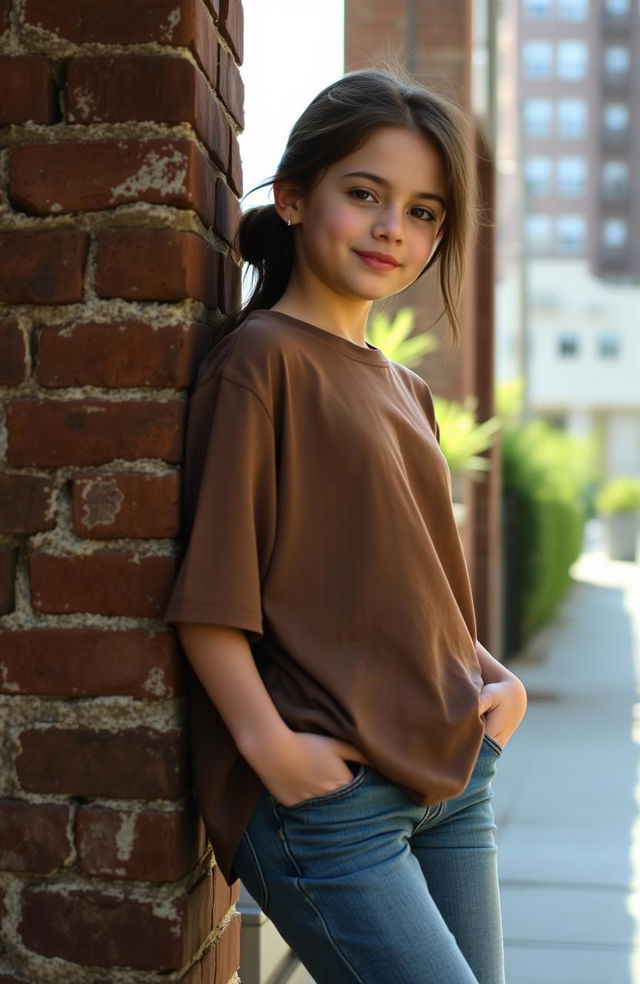 A young girl leaning against a weathered brick wall, wearing casual clothes consisting of a stylish oversized t-shirt and denim jeans