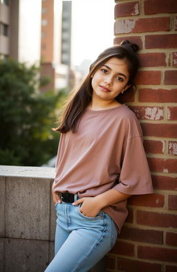 A young girl leaning against a weathered brick wall, wearing casual clothes consisting of a stylish oversized t-shirt and denim jeans