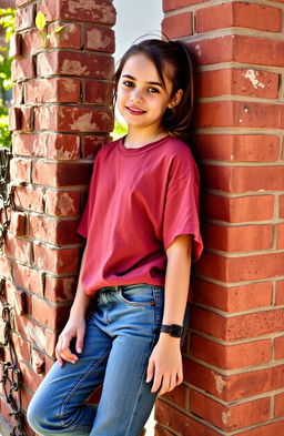 A young girl leaning against a weathered brick wall, wearing casual clothes consisting of a stylish oversized t-shirt and denim jeans