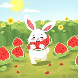 In a sunny watermelon field, a cute white bunny is happily walking forward while joyfully hugging a big watermelon