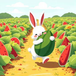 In a sunny watermelon field, a cute white bunny is happily walking forward while joyfully hugging a big watermelon