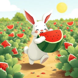 In a sunny watermelon field, a cute white bunny is happily walking forward while joyfully hugging a big watermelon