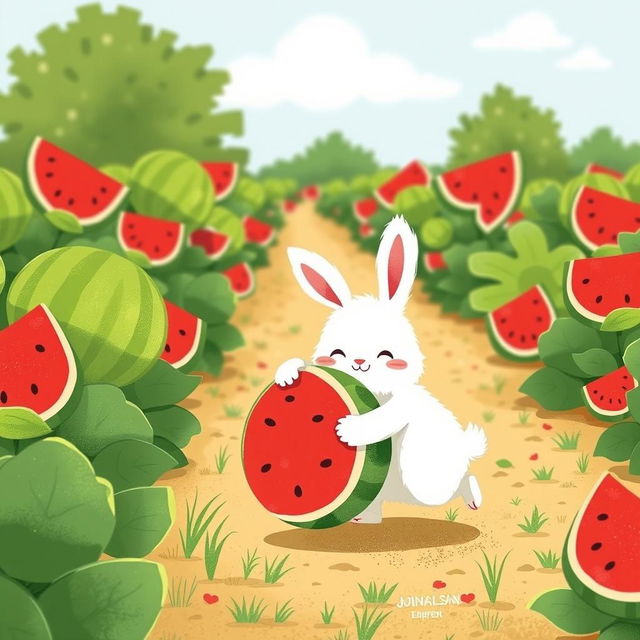 In a sunny watermelon field, a cute white bunny is happily walking forward while joyfully hugging a big watermelon