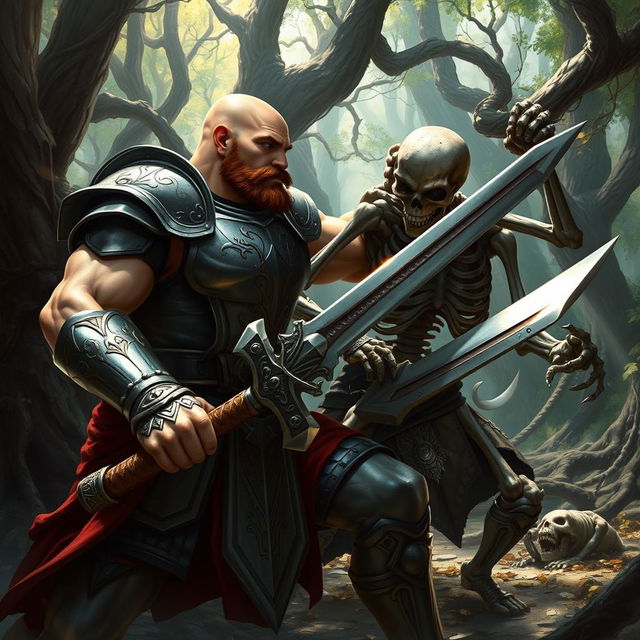 A muscular paladin, bald with a short brown mustache, dressed in ornate silver armor that gleams in the dappled sunlight, brandishing a mighty sword, fiercely engaged in battle with a menacing skeleton warrior