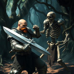 A muscular paladin, bald with a short brown mustache, dressed in ornate silver armor that gleams in the dappled sunlight, brandishing a mighty sword, fiercely engaged in battle with a menacing skeleton warrior
