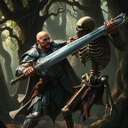 A muscular paladin, bald with a short brown mustache, dressed in ornate silver armor that gleams in the dappled sunlight, brandishing a mighty sword, fiercely engaged in battle with a menacing skeleton warrior