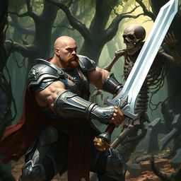 A muscular paladin, bald with a short brown mustache, dressed in ornate silver armor that gleams in the dappled sunlight, brandishing a mighty sword, fiercely engaged in battle with a menacing skeleton warrior