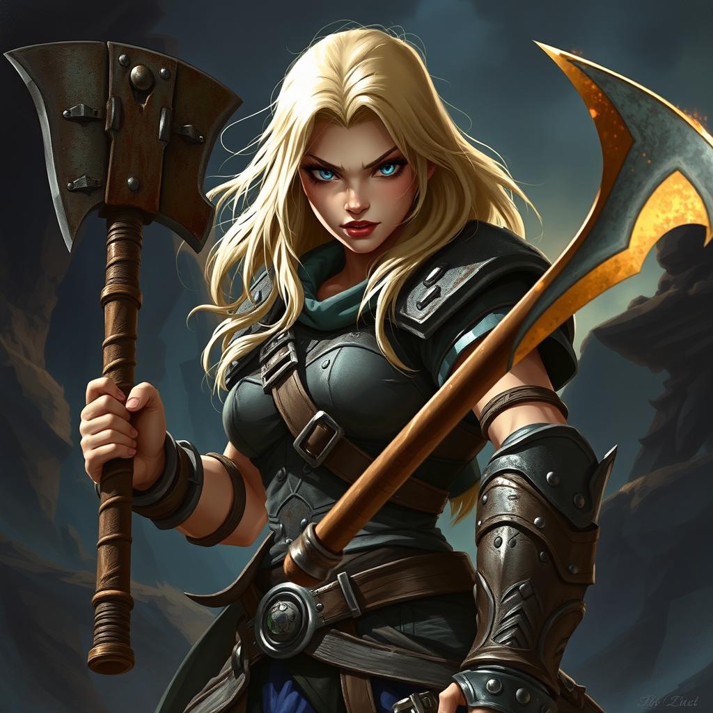 A fierce blonde fighter from a Dungeons & Dragons setting, displaying a strong and determined expression