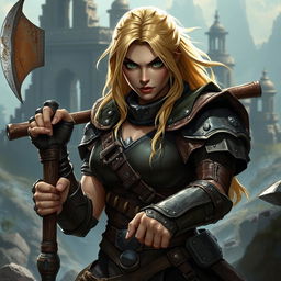 A fierce blonde fighter from a Dungeons & Dragons setting, displaying a strong and determined expression