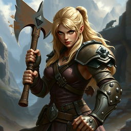 A fierce blonde fighter from a Dungeons & Dragons setting, displaying a strong and determined expression