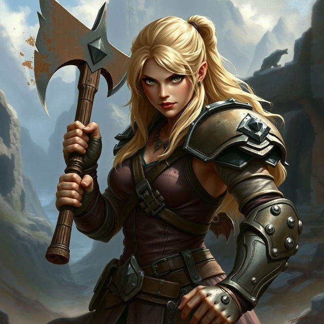 A fierce blonde fighter from a Dungeons & Dragons setting, displaying a strong and determined expression