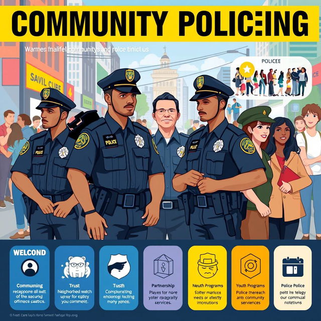 A visually engaging poster showcasing a modern policing model, featuring diverse police officers engaged in community interactions