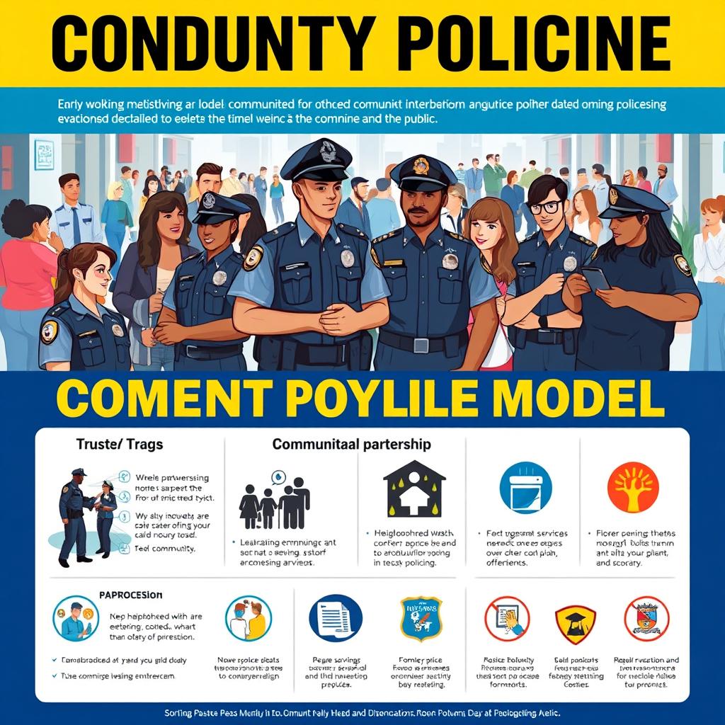 A visually engaging poster showcasing a modern policing model, featuring diverse police officers engaged in community interactions