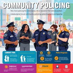 A visually engaging poster showcasing a modern policing model, featuring diverse police officers engaged in community interactions