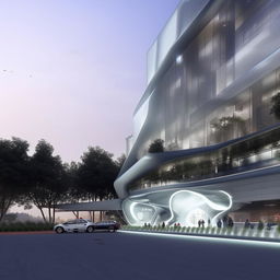 driveway and entrance of futuristic high-rise Police headquarters with helipad in city center in broad daylight based on https://files.dreamhome.software/files/static/36947