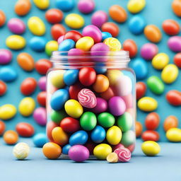 A hyper-realistic image showcasing a jar filled with assorted candies