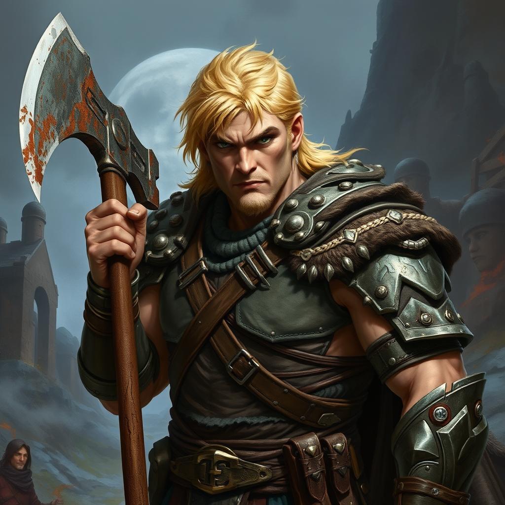 A strong blonde male fighter from a Dungeons & Dragons setting, exhibiting a determined expression