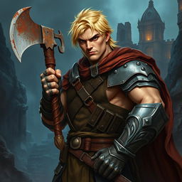 A strong blonde male fighter from a Dungeons & Dragons setting, exhibiting a determined expression