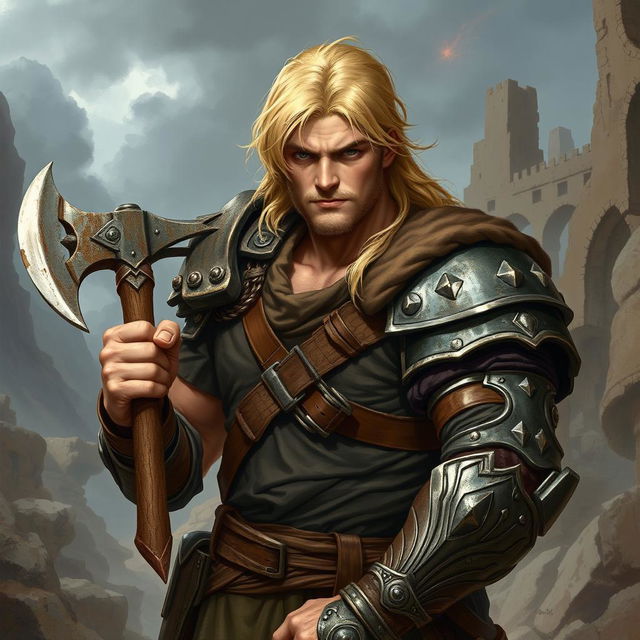 A strong blonde male fighter from a Dungeons & Dragons setting, exhibiting a determined expression