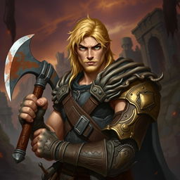 A strong blonde male fighter from a Dungeons & Dragons setting, exhibiting a determined expression