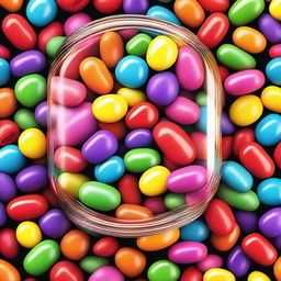 A hyper-realistic image showcasing a jar filled with assorted candies