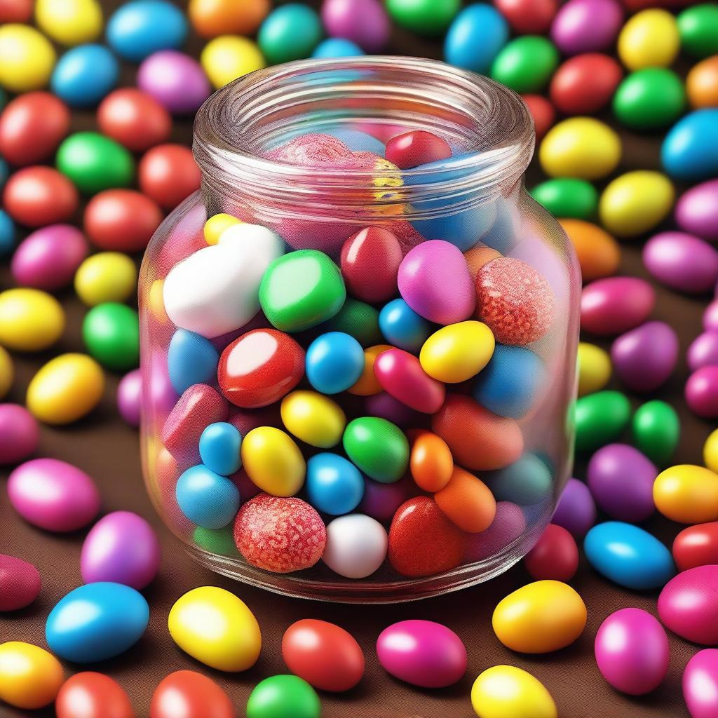 A hyper-realistic image showcasing a jar filled with assorted candies