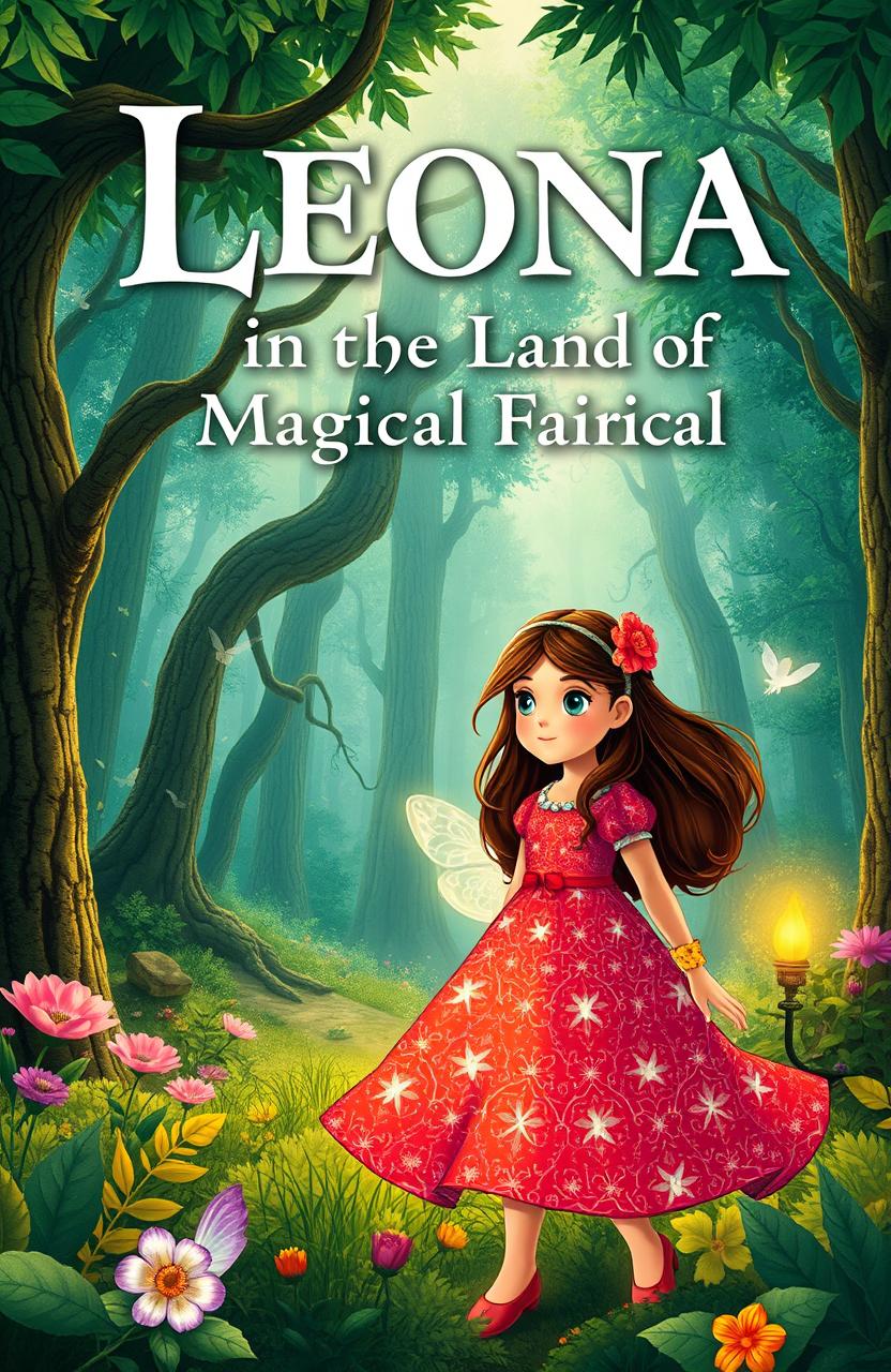 The book cover for 'Leona in the Land of Magical Fairies', featuring a lush forest background that evokes a sense of enchantment and wonder