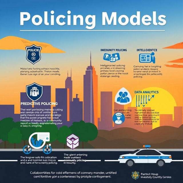 A visually engaging and informative poster about policing models, featuring a stylized cityscape in the background