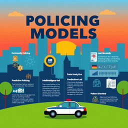 A visually engaging and informative poster about policing models, featuring a stylized cityscape in the background