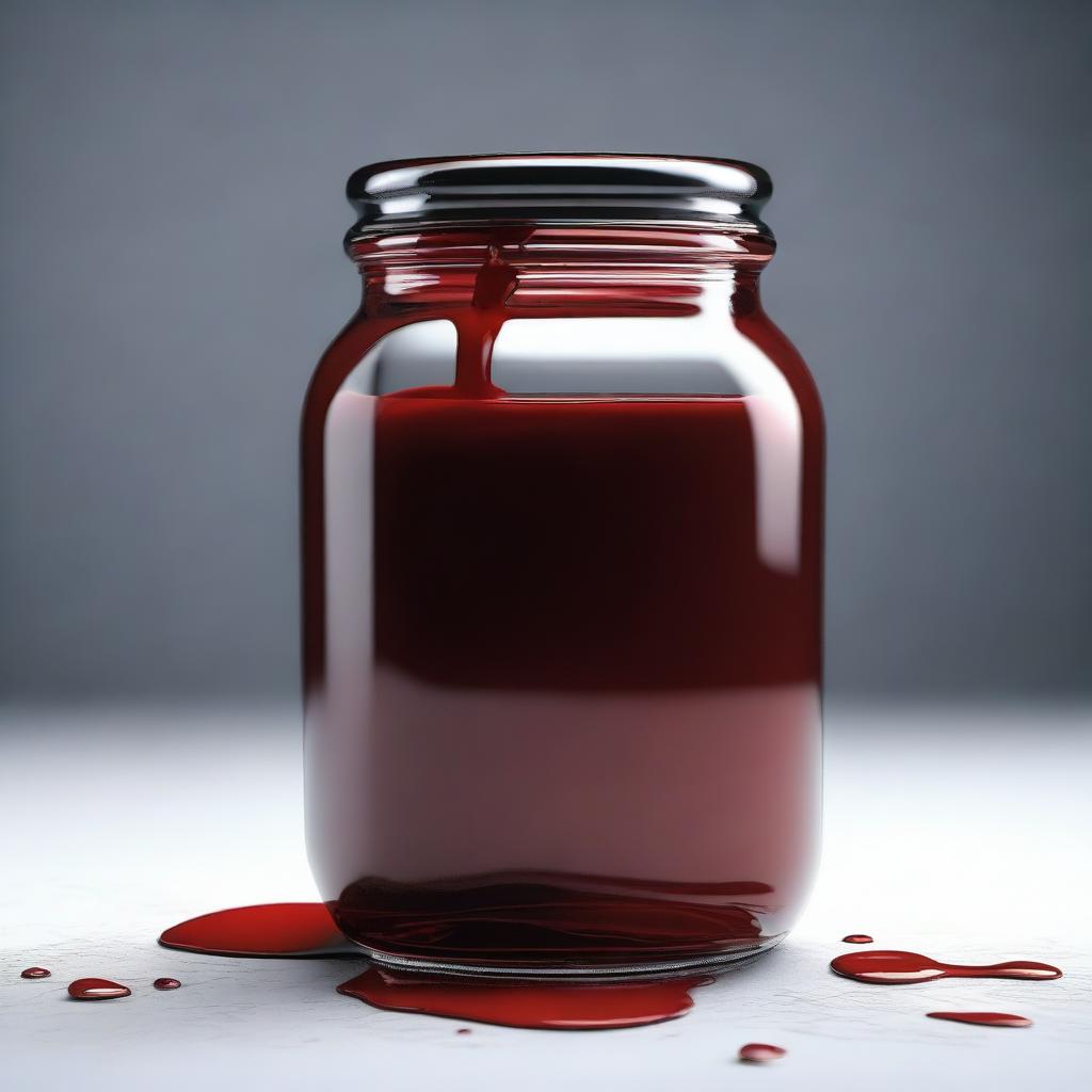 A striking hyper-realistic image of a jar filled with blood