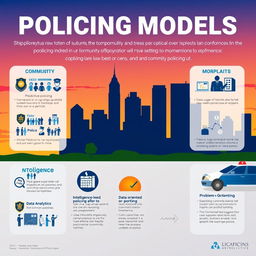 A visually engaging and informative poster about policing models, featuring a stylized cityscape in the background