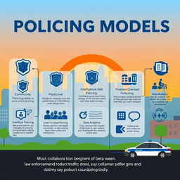 A visually engaging and informative poster about policing models, featuring a stylized cityscape in the background