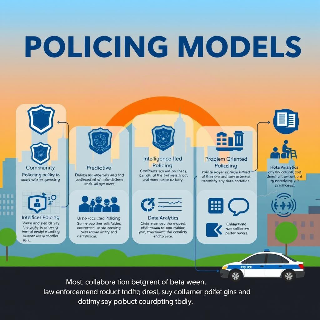 A visually engaging and informative poster about policing models, featuring a stylized cityscape in the background